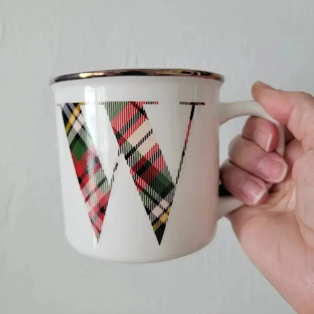 Pottery Barn Tartan Plaid W Monogram Mug Ivory Gold Rim Holiday Christmas